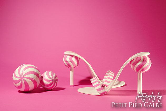 One of a kind fashion. Sandals with a lollipop-shaped stiletto, femenine style concept, handcrafted shoes.